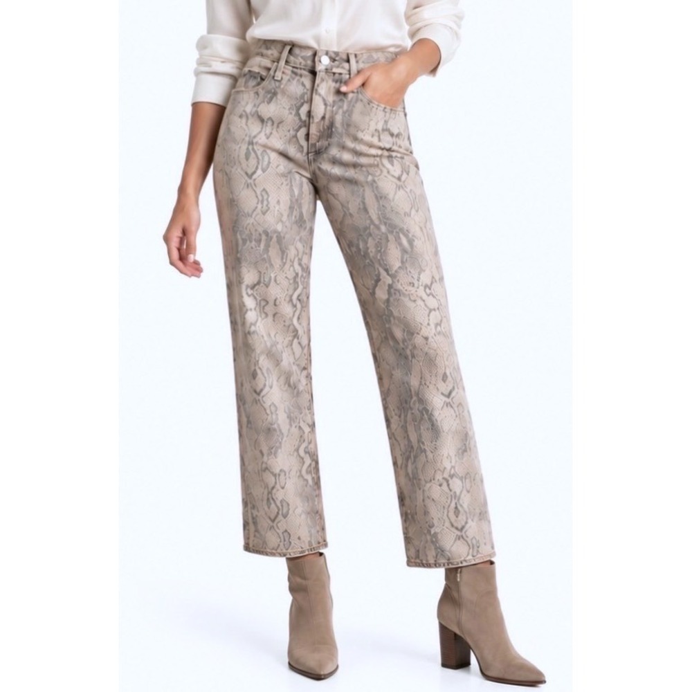 AMO Billie Snakeskin Wide Straight Leg Crop Jeans Women Size 27 Tan Gray Chic